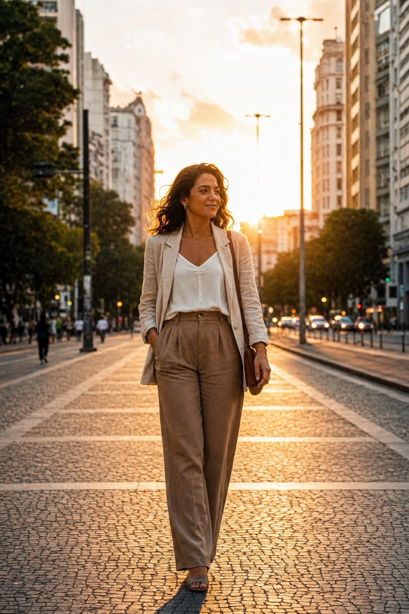 Psicóloga caminhando sorrindo por uma avenida ao pôr do sol